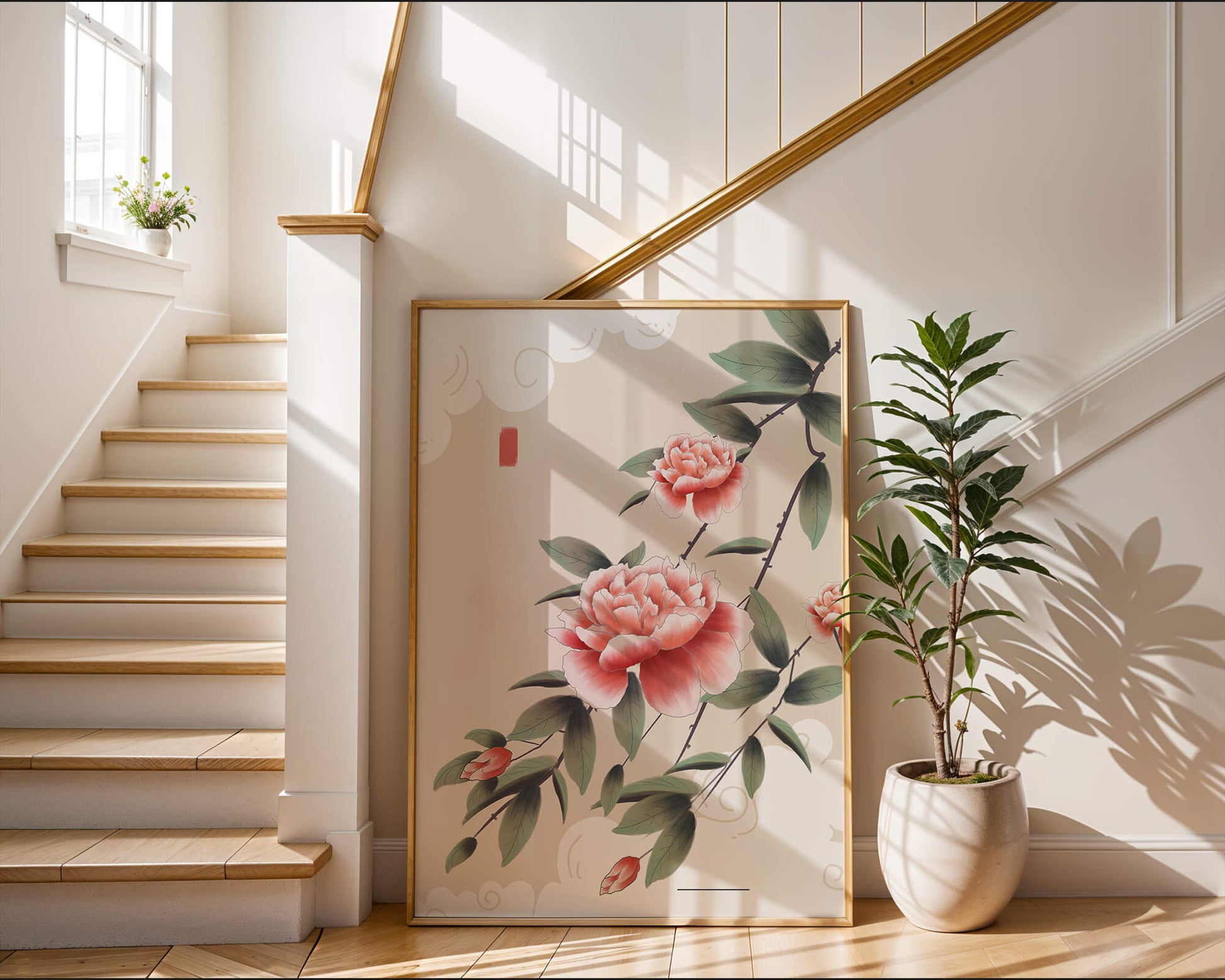 Oriental floral illustration with pink peonies and calligraphy