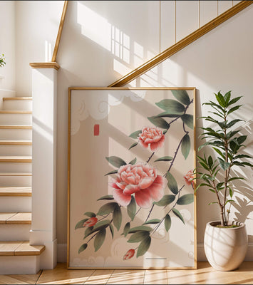 Oriental floral illustration with pink peonies and calligraphy
