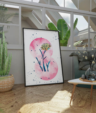 Abstract Floral Design with Pink Circles and Yellow Flower on White Background