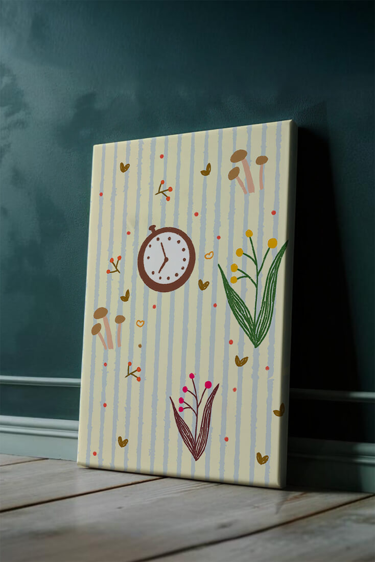 Whimsical pattern with clock, mushrooms, and florals on striped background