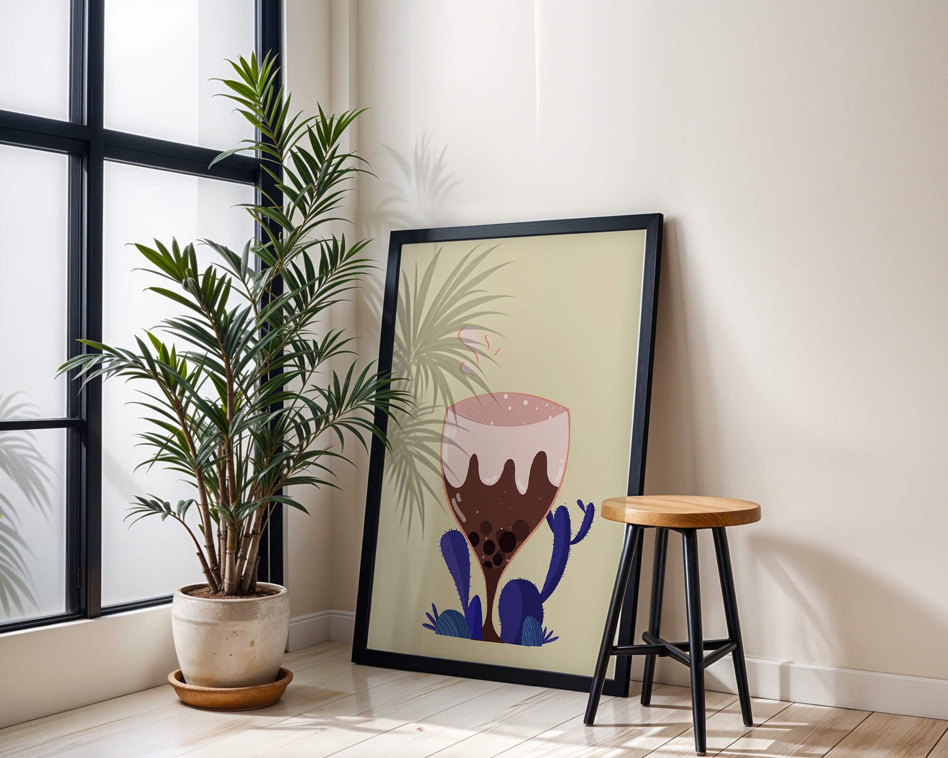 Illustration of a whimsical wine glass with liquid splash and purple plants