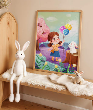 Charming Landscape with Girl Holding Balloons and White Bunny in Enchanted Forest