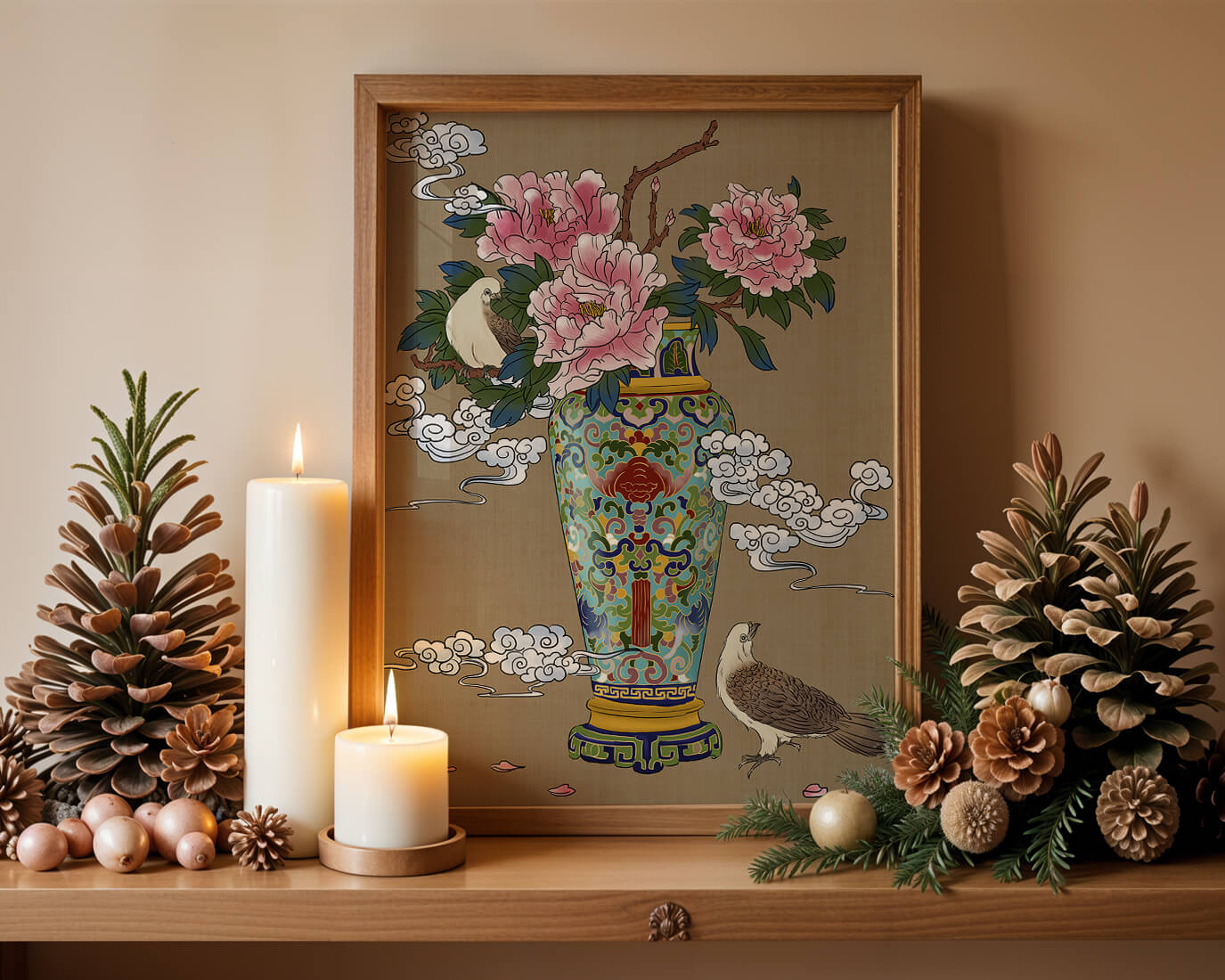 Elegant Asian Style Vase with Peonies and Birds