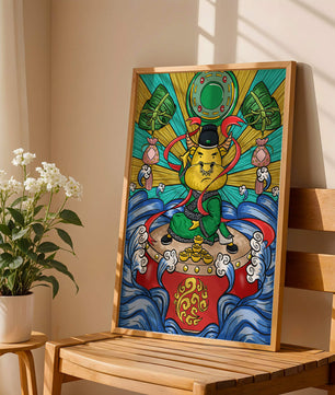 Colorful illustration of a mythical creature with traditional elements and vibrant colors
