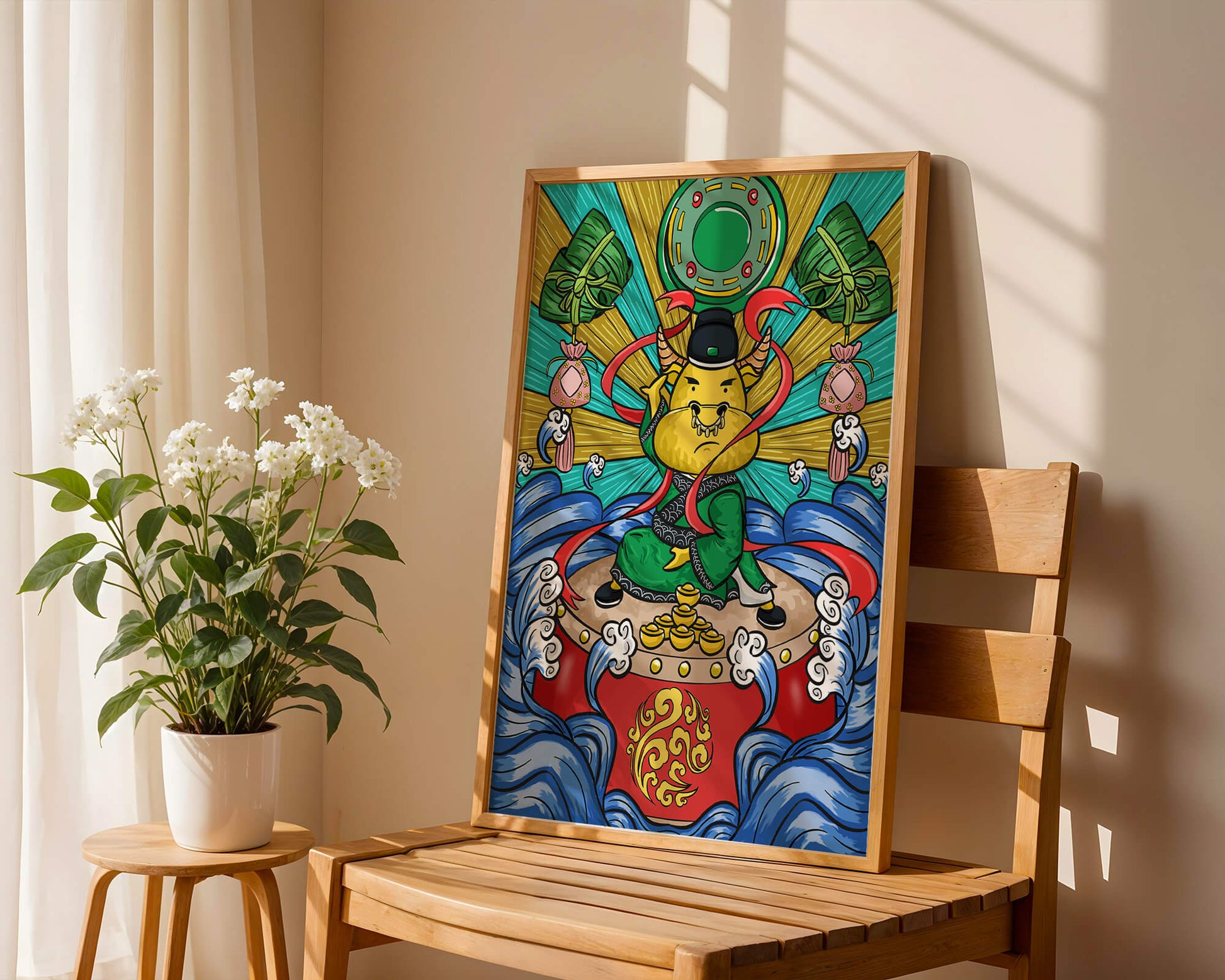 Colorful illustration of a mythical creature with traditional elements and vibrant colors