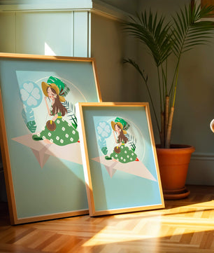 Mujer en un avión de papel con fondo de tema tropical