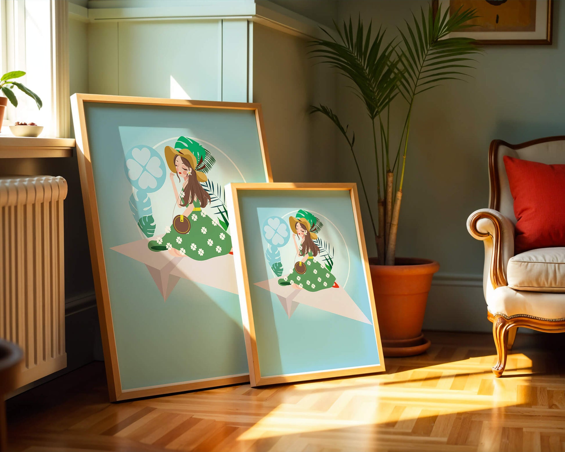 Woman on paper plane with tropical theme background