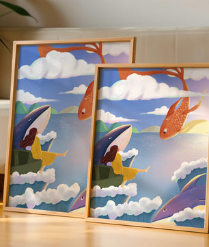 Escena onírica con vida marina y figura flotante en el cielo