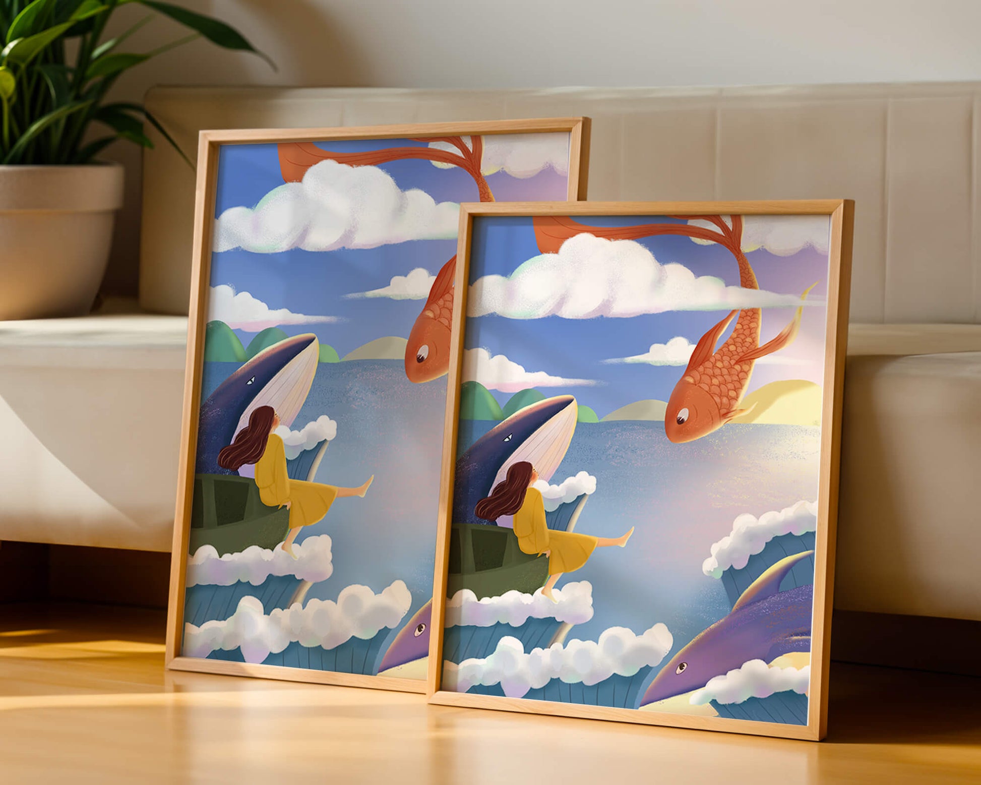 Dreamlike scene with marine life and floating figure in the sky