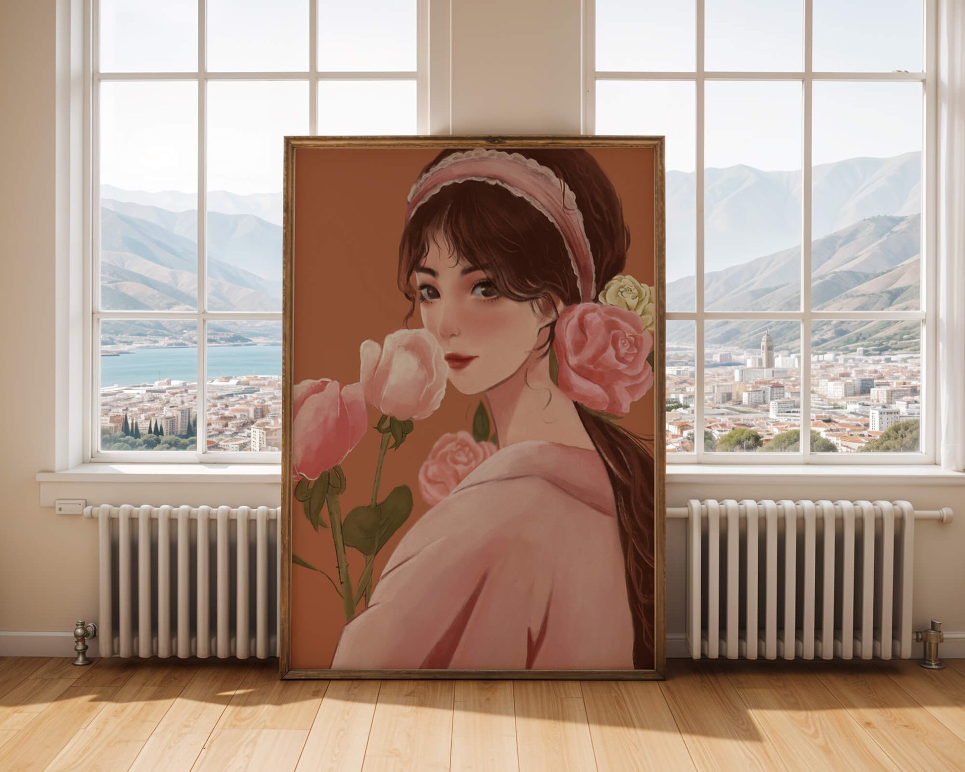Young woman with flowers in her hair and holding a bouquet