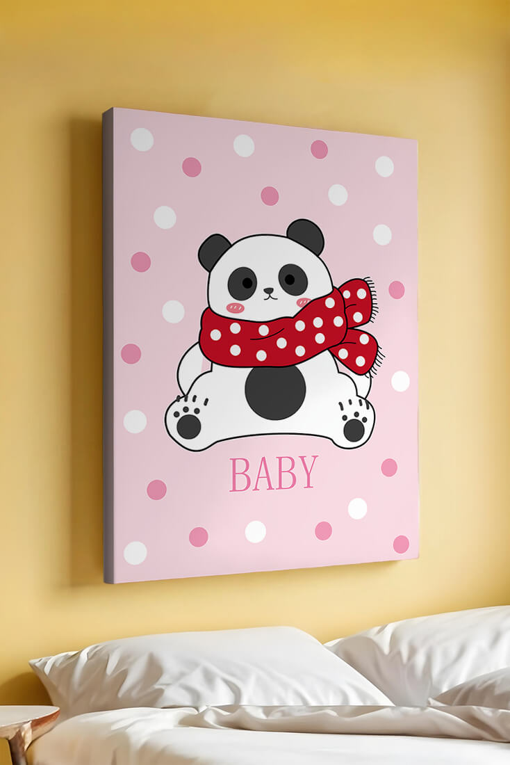 Cartoon panda with red scarf on pink polka dot background