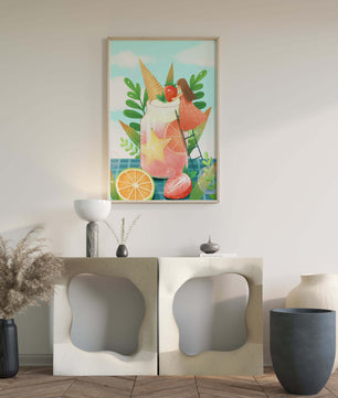 Bezaubernde Sommergetränk-Illustration mit Früchten, Blättern und einem Kind