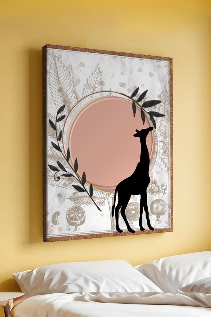 Nature-inspired artwork with giraffe silhouette and botanical elements