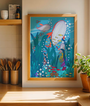 Underwater world illustration with whales and fish amidst seaweed