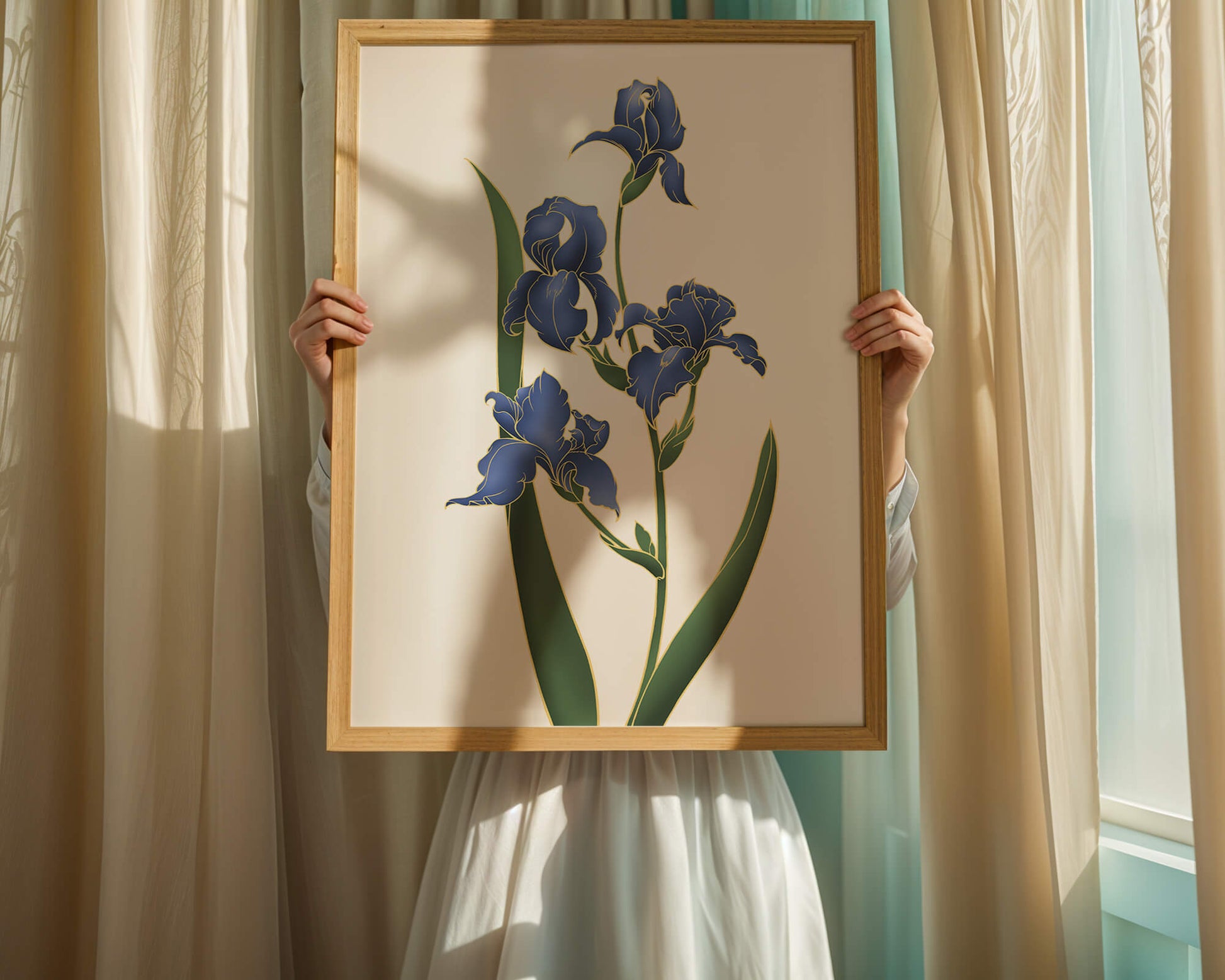 Flores de lirio azul elegantes con acentos dorados sobre un fondo blanco