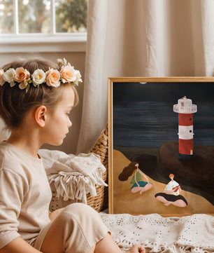 Peaceful Beach Scene with Lighthouse at Night
