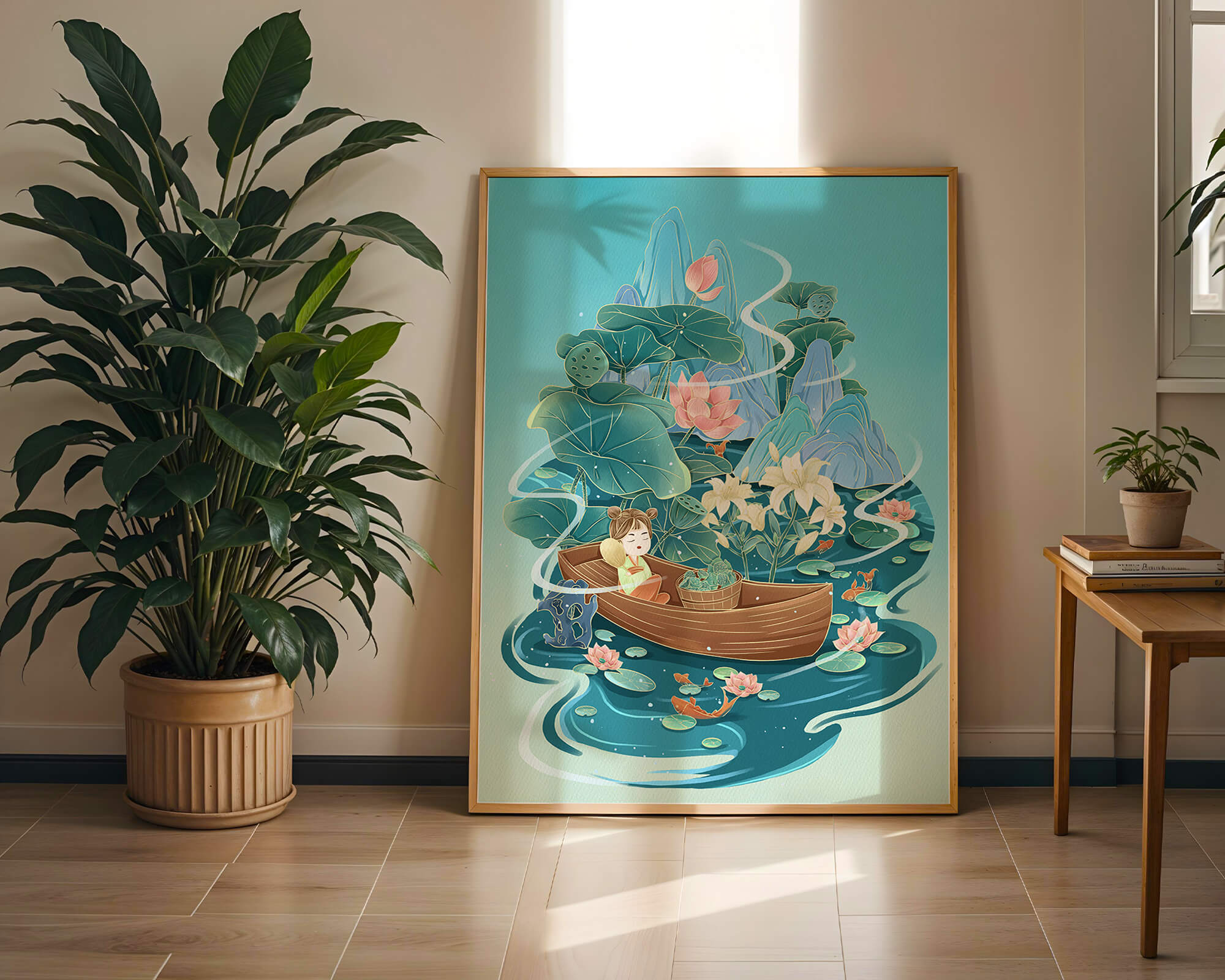 Serene landscape with lotus and boat in a tranquil water scene