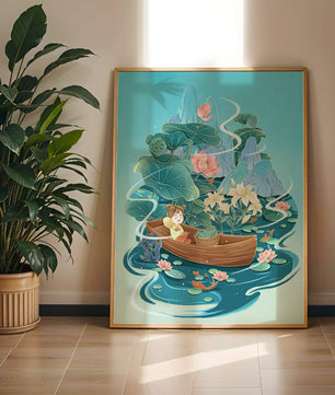 Heitere Landschaft mit Lotus und Boot in einer ruhigen Wasserszene