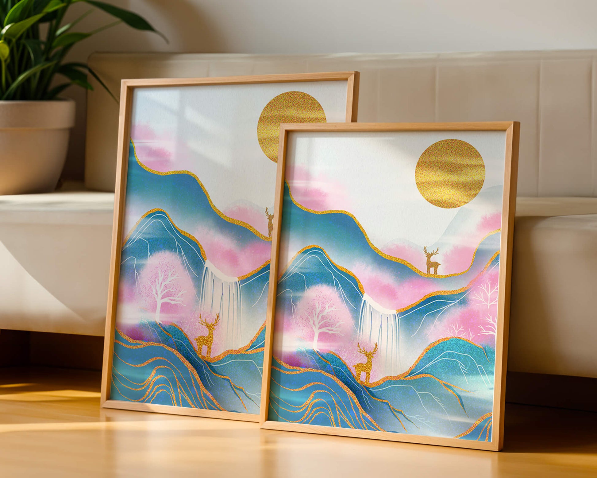 Golden deer in a pastel mountain landscape with pink skies