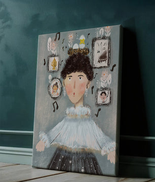 Retrato ilustrado caprichoso con elementos musicales y dorados