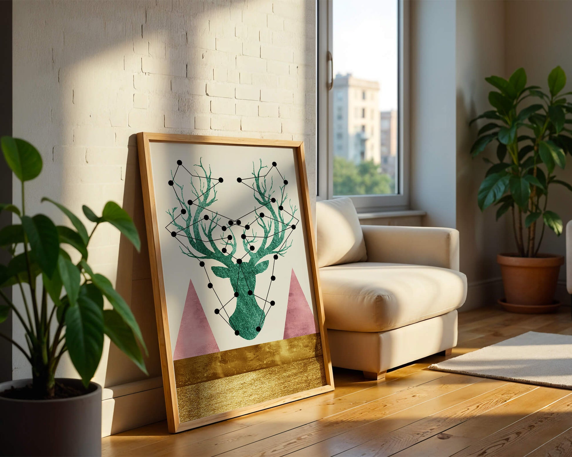 Geometric Deer with Abstract Elements and Gold Accents