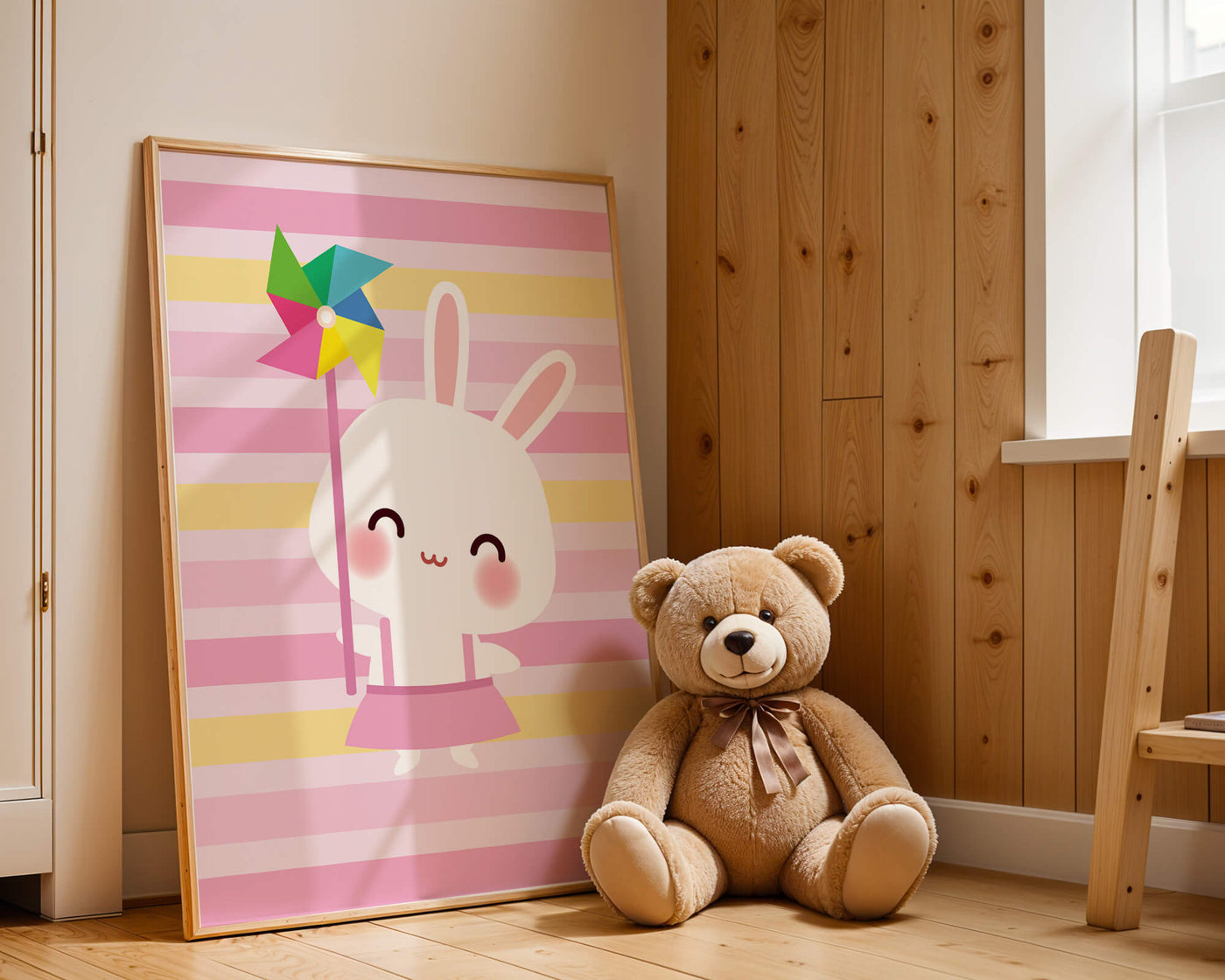 Adorable bunny with pinwheel on pastel striped backdrop