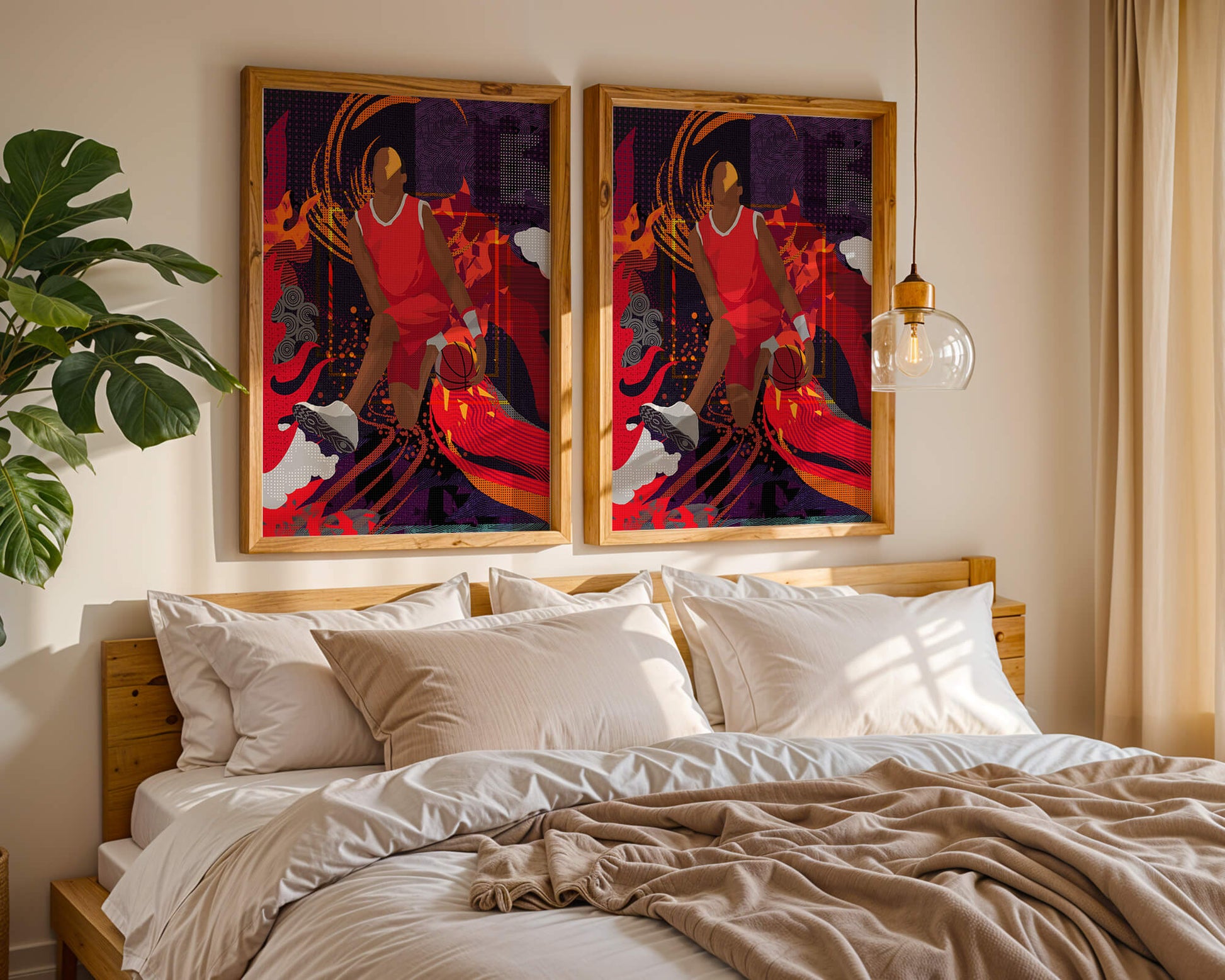 Dynamic illustration of a basketball player in motion with abstract patterns