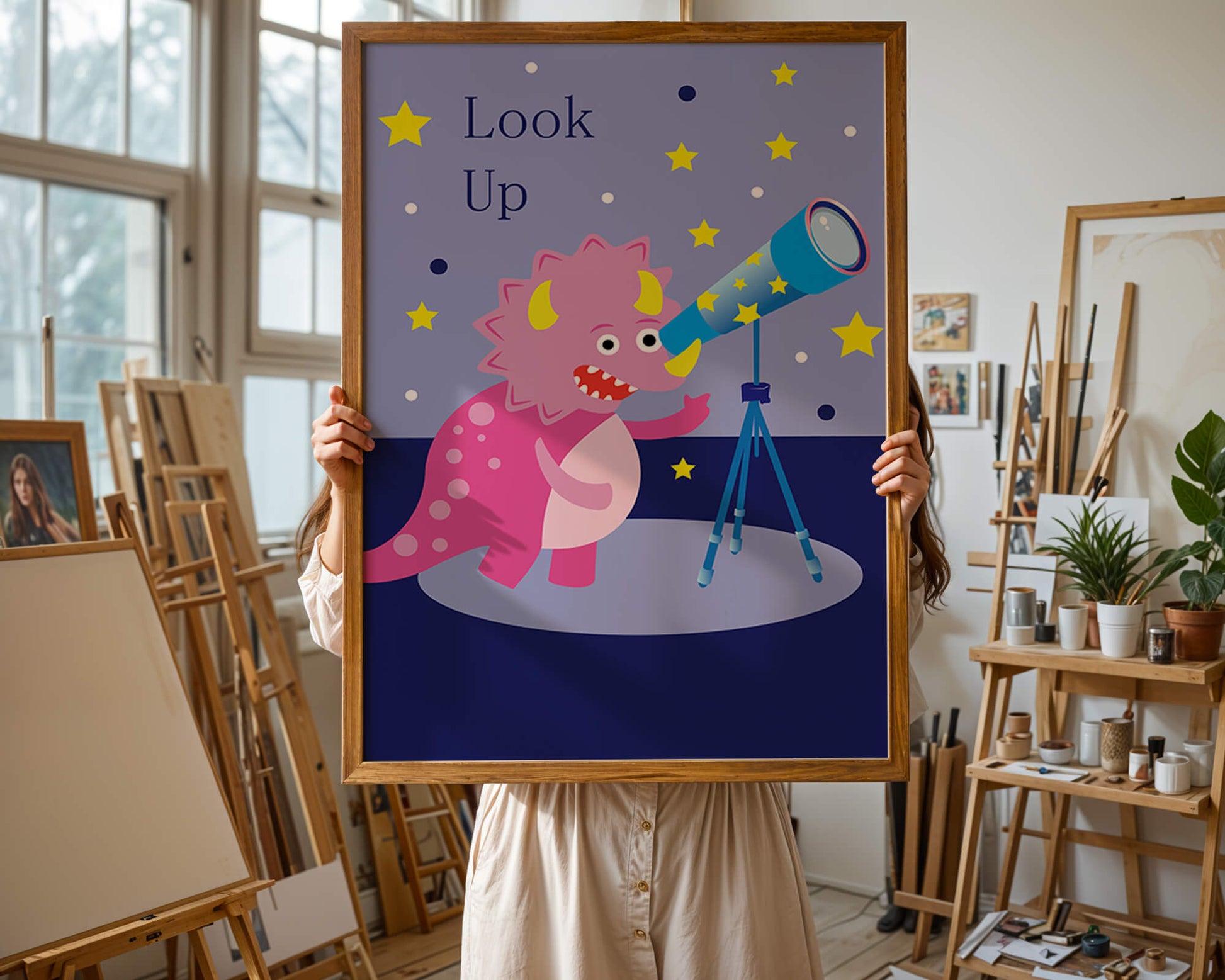 Pink cartoon dinosaur looking through a telescope with stars