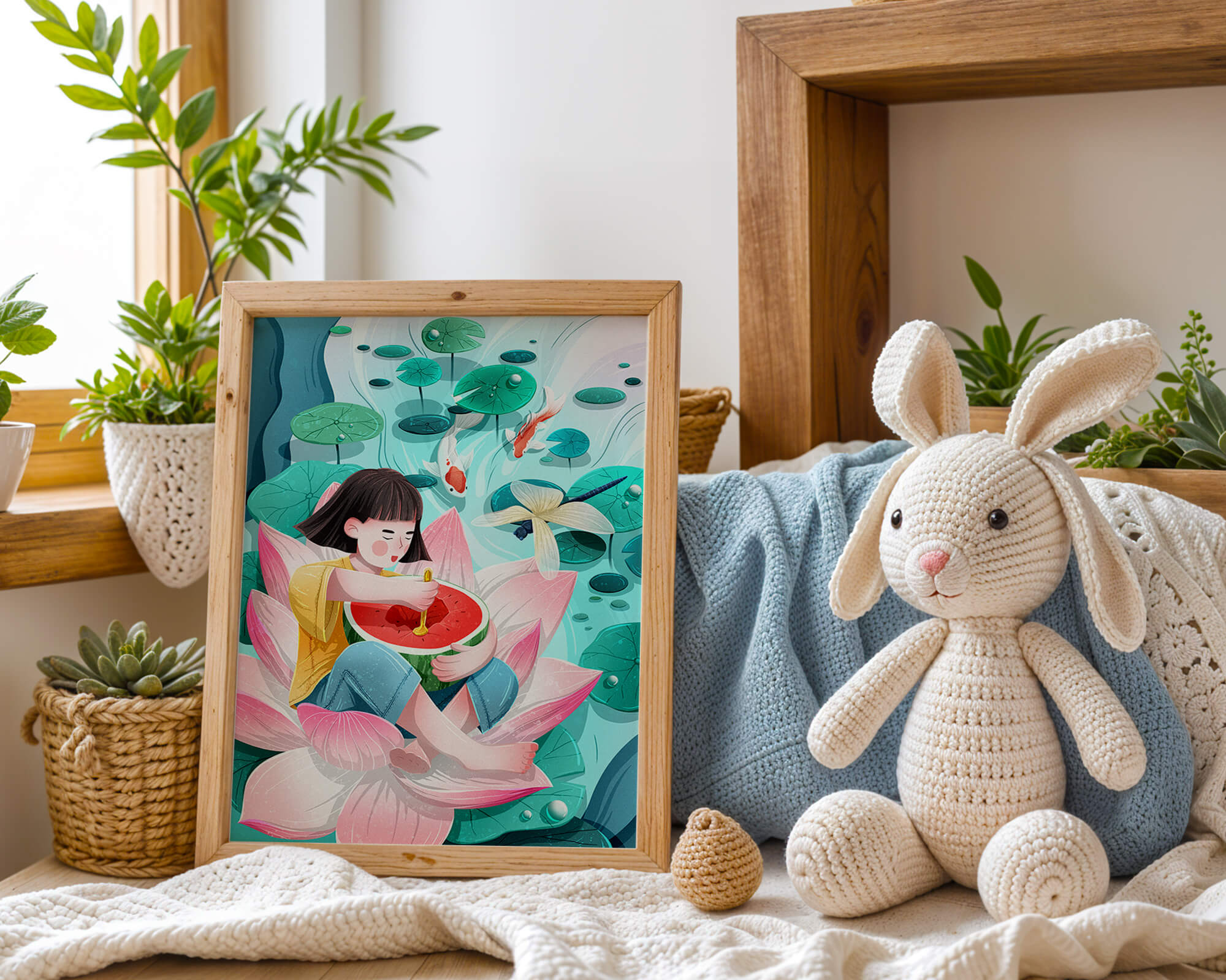 Serene illustration of child with watermelon on lotus flower