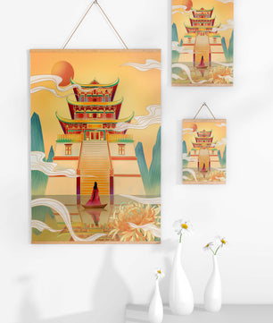 Ancient temple with serene landscape and vibrant colors artwork