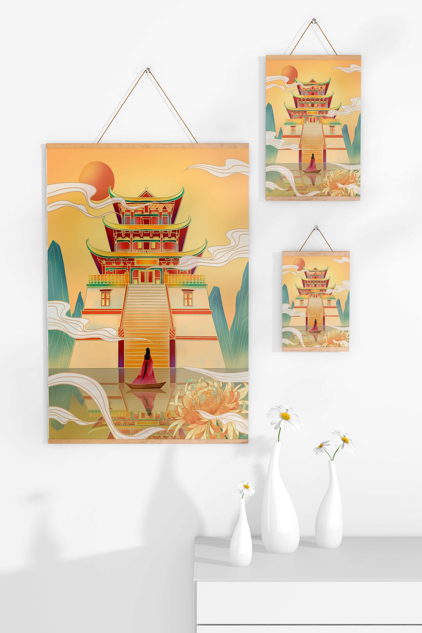 Ancient temple with serene landscape and vibrant colors artwork