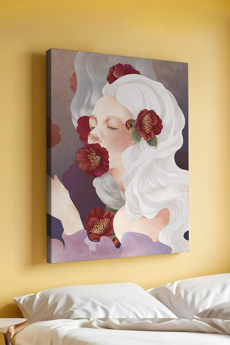 Dreamy Portrait of a Woman with White Hair and Red Flowers