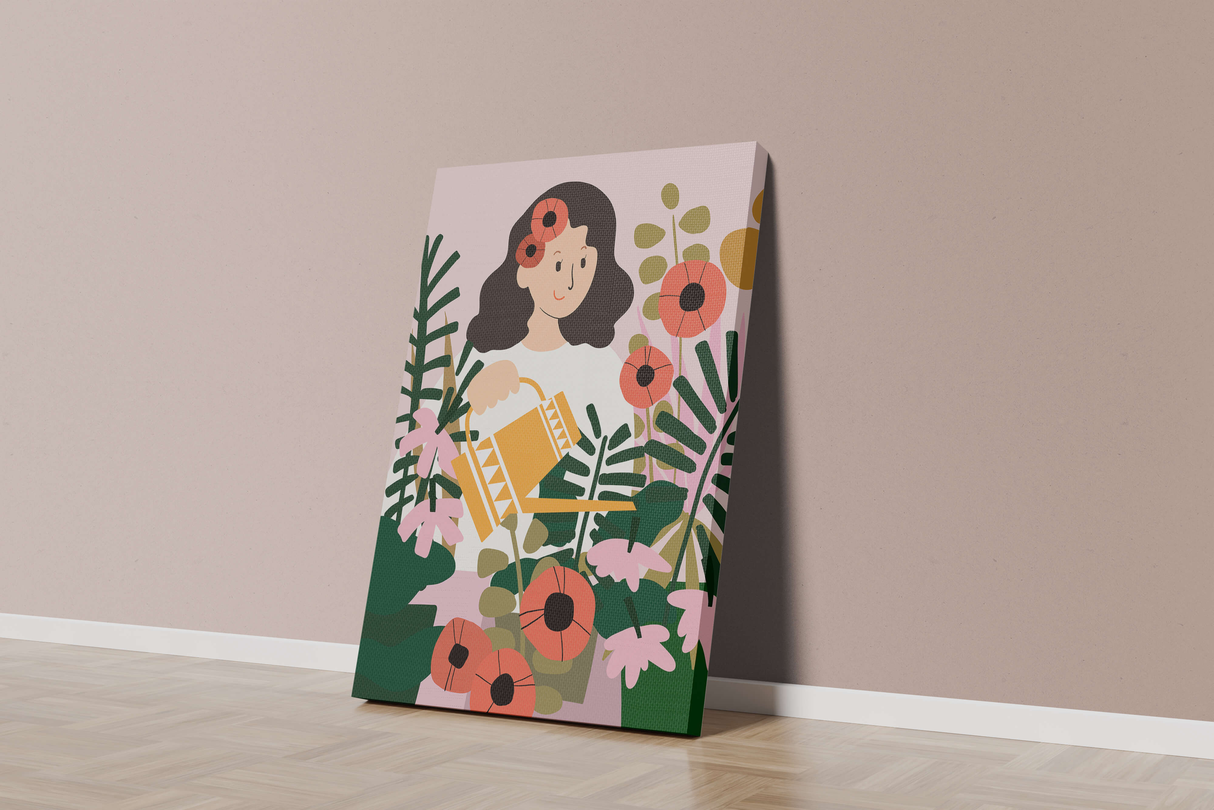 Woman watering plants surrounded by vibrant flowers and greenery