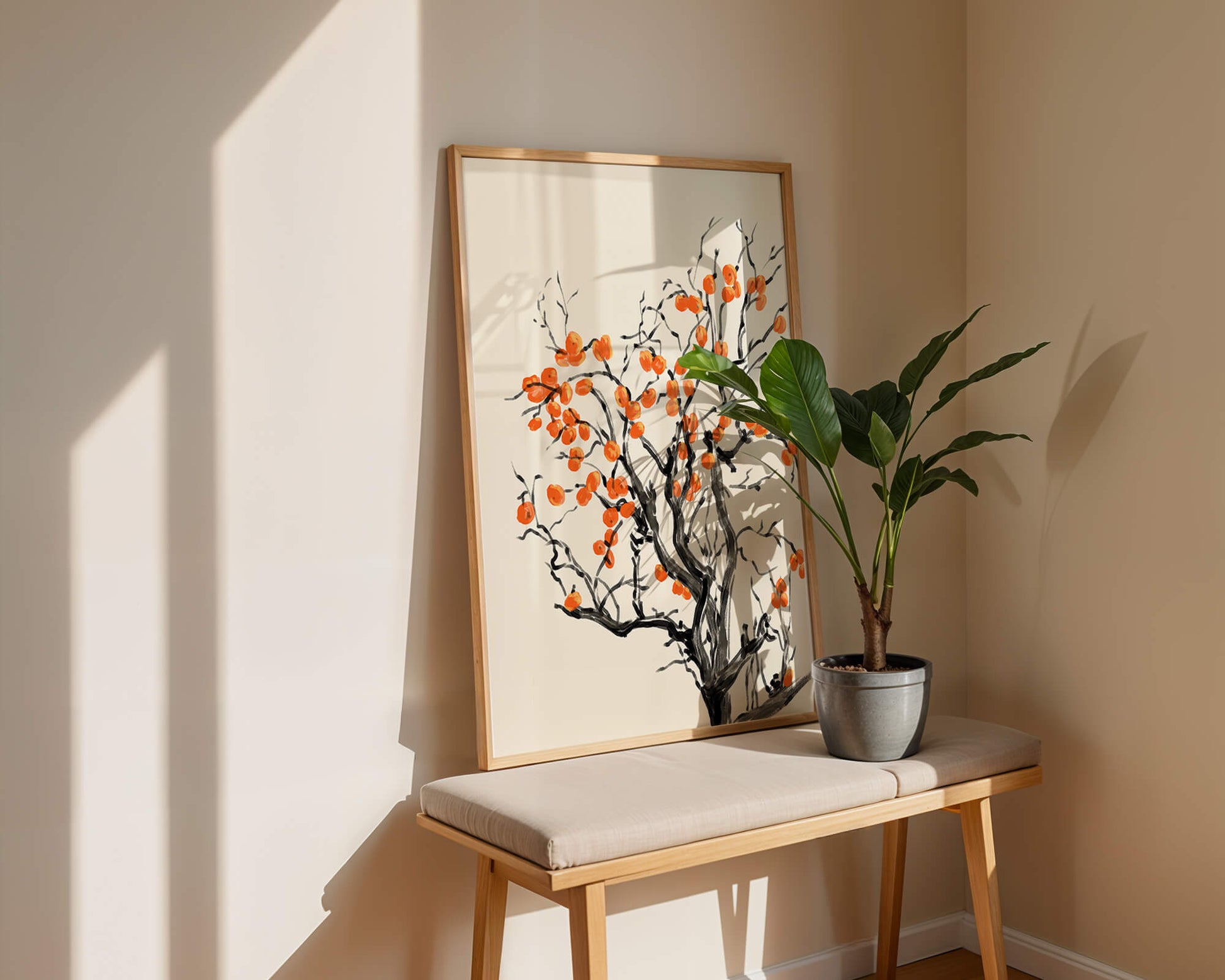 Elegant watercolor tree with vibrant orange fruit