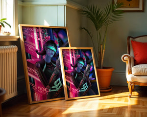 Futuristic Cyborg Woman in Digital Neon Landscape - Mi tienda