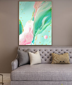Obra de arte abstracta en pasteles y dorado con patrones fluidos