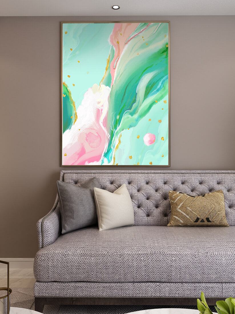Obra de arte abstracta en pasteles y dorado con patrones fluidos