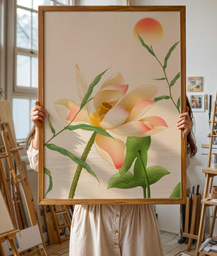 Serene Lotus Flower with Sun in Minimalist Natural Setting - Mi tienda