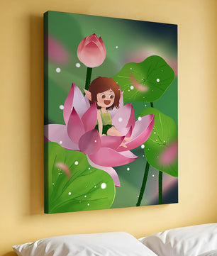Charming fairy sitting on a blooming pink lotus in a magical garden