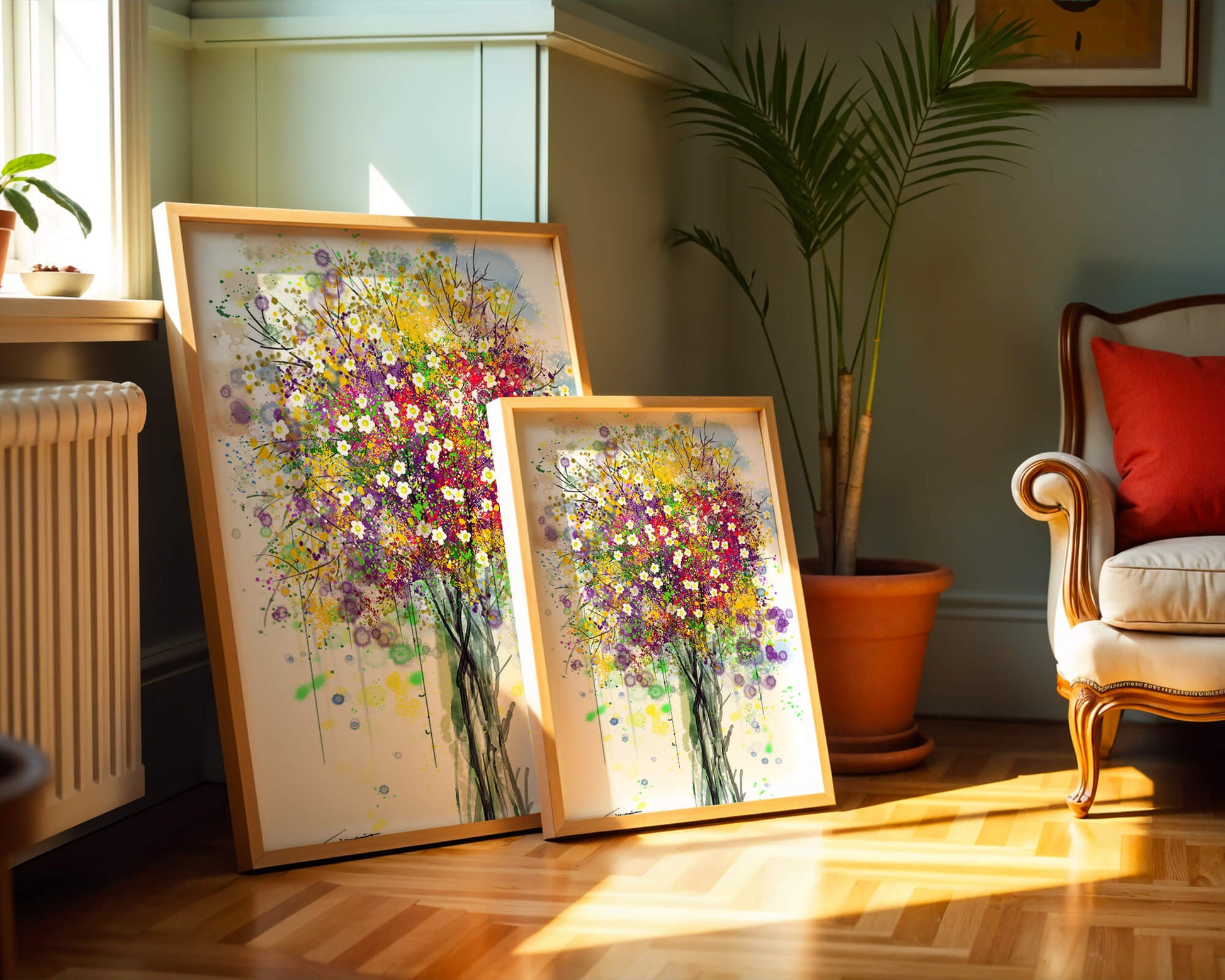 Abstract expressionist floral tree with vibrant colors