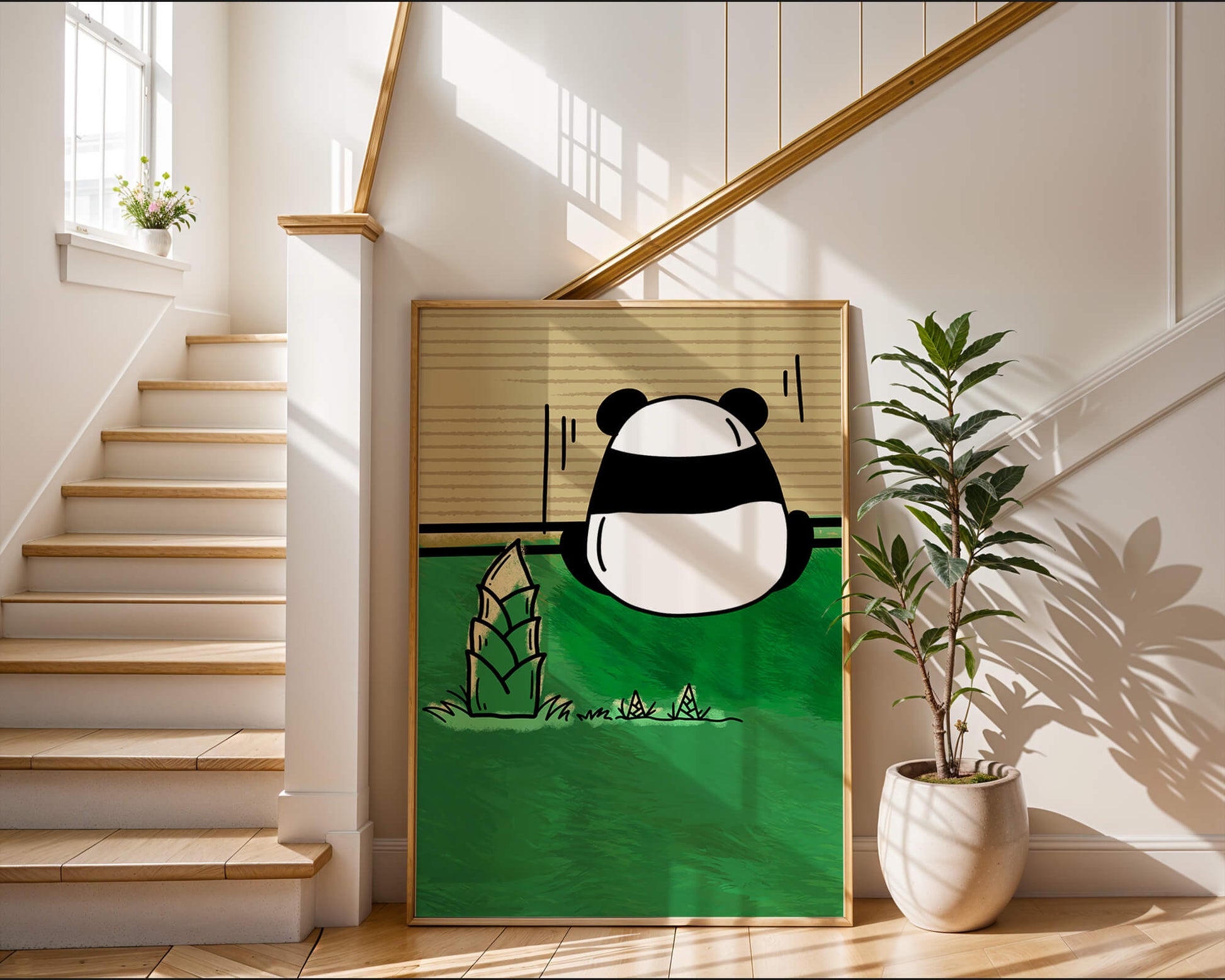 Whimsical panda in a green bamboo forest background