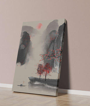 Serene landscape with red foliage and misty mountains