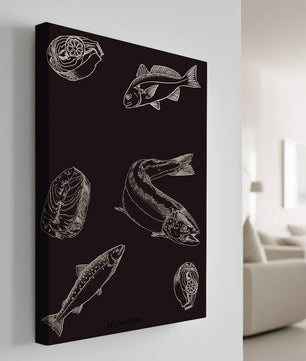 Ilustración detallada de elementos de pescado y mariscos sobre fondo oscuro