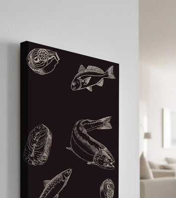 Detailed illustration of fish and seafood elements on dark background