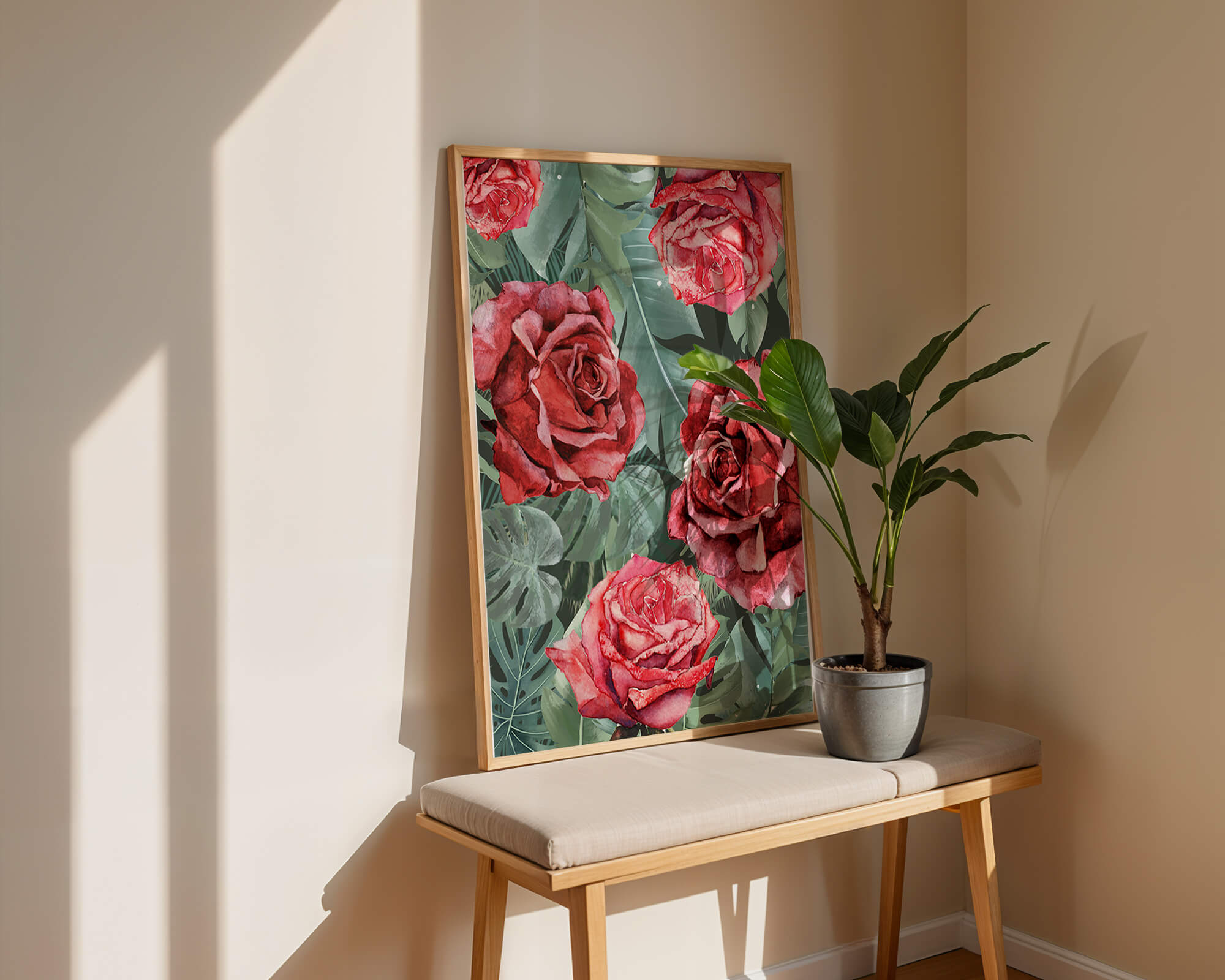 Red roses and green foliage pattern in watercolor style
