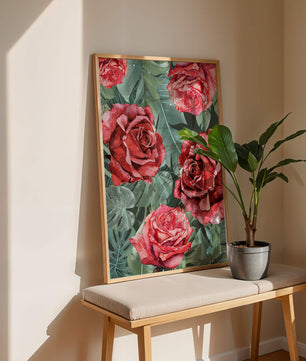 Red roses and green foliage pattern in watercolor style