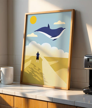 Surreal Landscape with Flying Blue Whale and Human on Desert Path