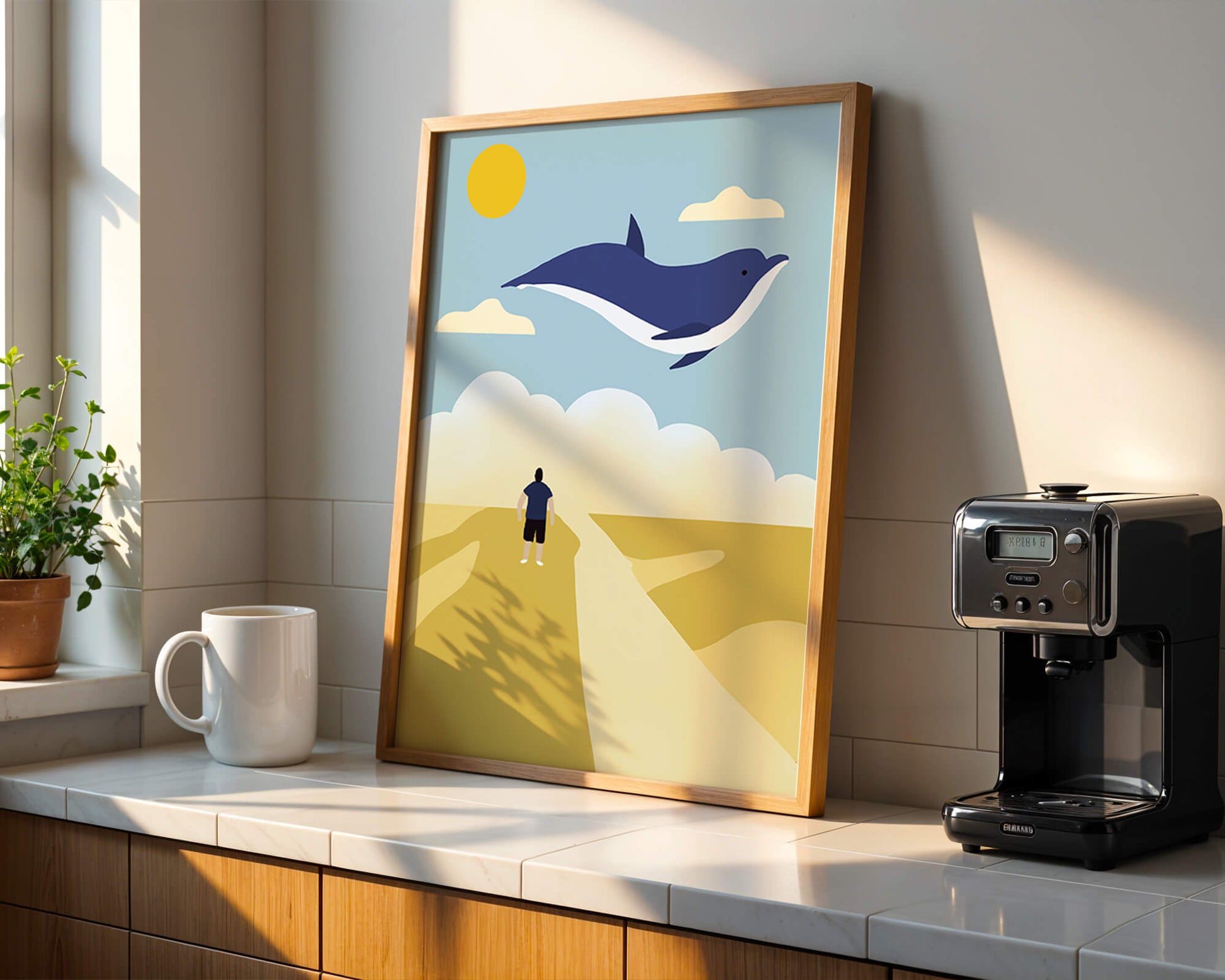 Paisaje surrealista con ballena azul voladora y humano en camino desértico