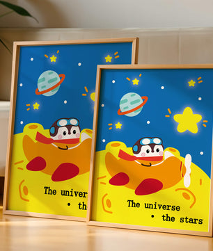Colorful cartoon airplane with stars and planets in space