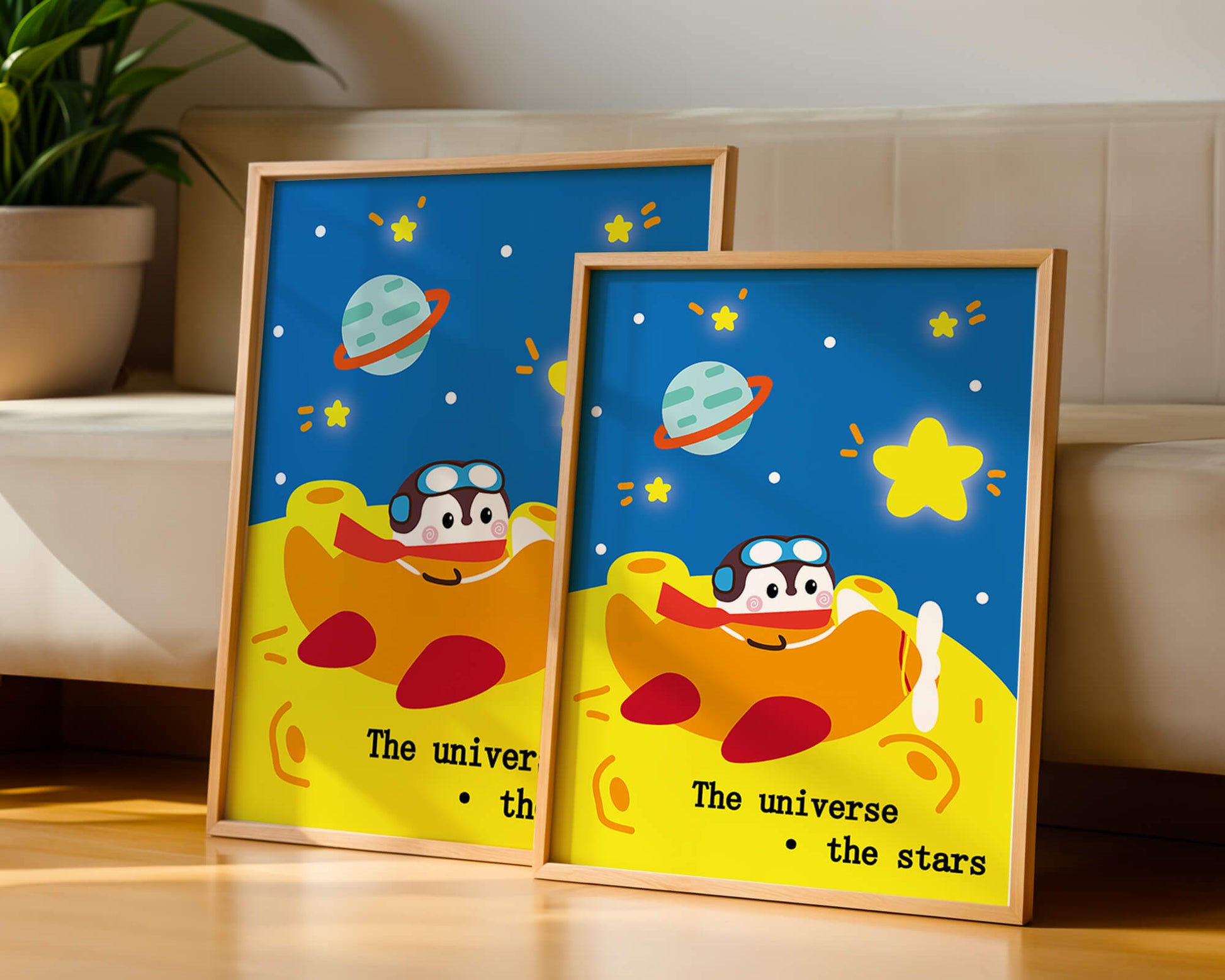 Colorful cartoon airplane with stars and planets in space